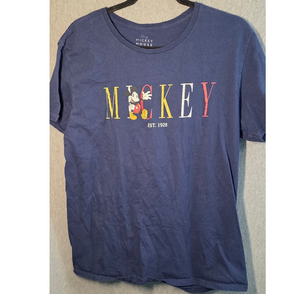 Disney Mickey Mouse Tee T-Shirt Large Navy Blue Graphic T Top Short Slv Spellout